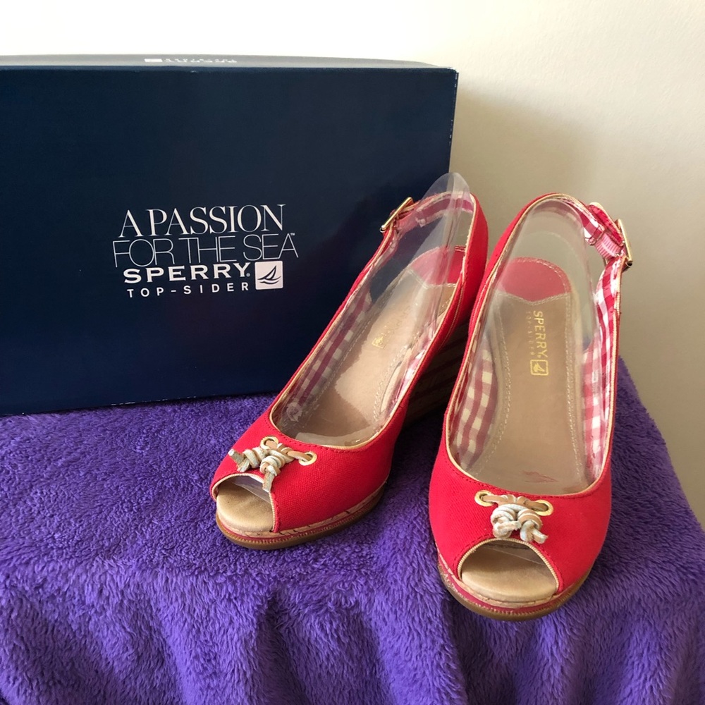 Sperry platform red and cork wedge